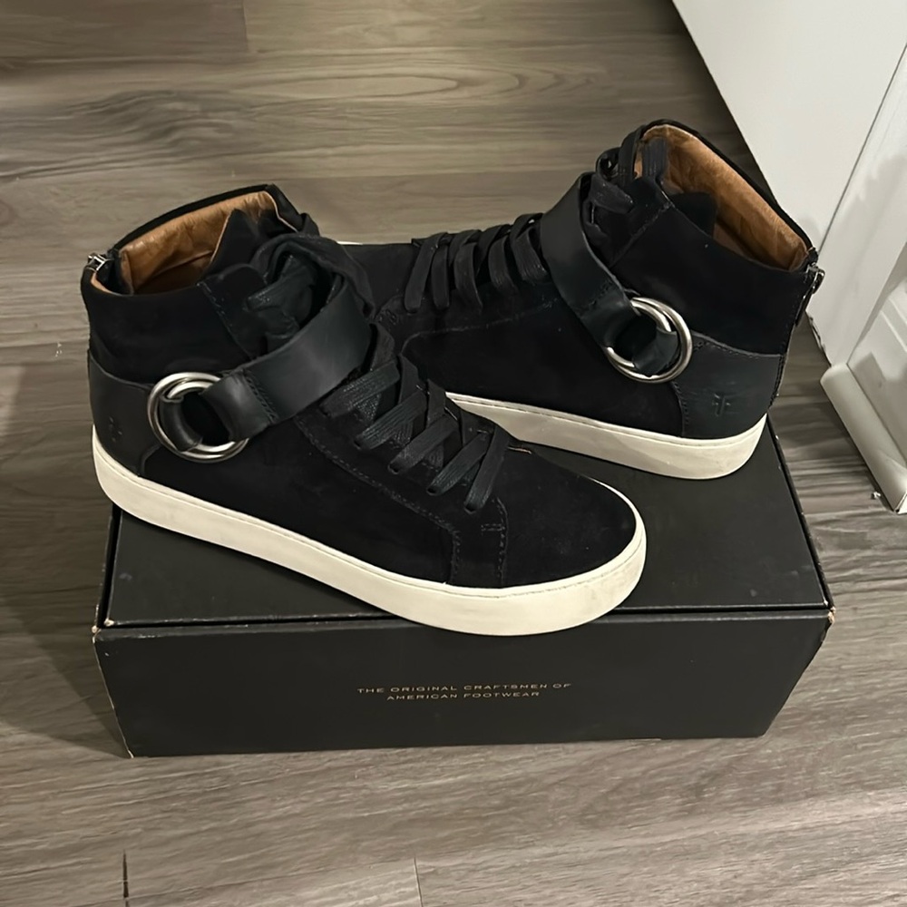 Frye suede & leather buckle & zipper. Semi high top sneaker.